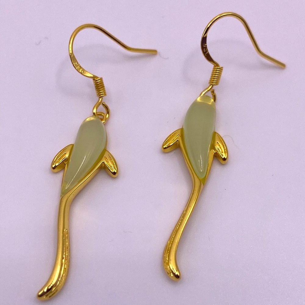 Gold plated over ss natural grey jade dolphin earrings